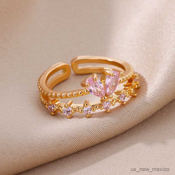 

band rings pink zircon heart rings for women open adjustable stainless steel ring 2023 new in wedding jewelry mujer r230719, Silver