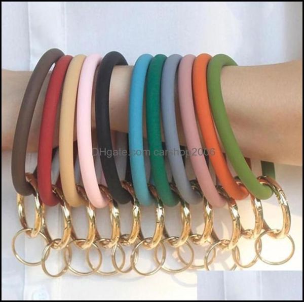 

key rings jewelry fashion solid silica gel wear bracelet keychain for women gifts trendy exaggerated circle wristlet drop d3112955, Slivery;golden