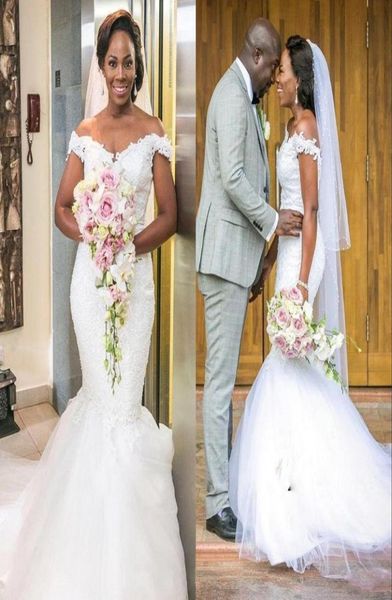 

off the shoulder beach mermaid wedding dresses lace and tulle cap sleeves wedding dress count train african bridal gowns 20238631004, White