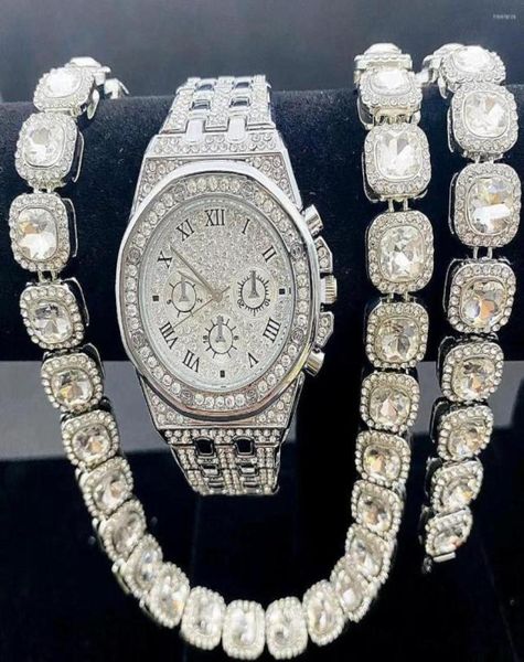 

chains 3pcs iced out watch bracelet necklaces for men fashion gold luxury diamond cubana bling jewelry watches2302225, Silver