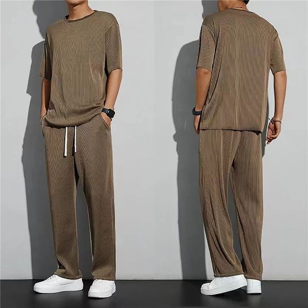 

mens tracksuits silk casual set tidal brand straight pleated sports pants summer thin and handsome dress clothing 230718, Gray