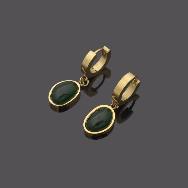 

titanium steel jewelry, simple elliptical green agate earrings, buckle style earrings for woman, Golden;silver