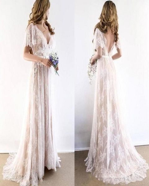 

summer bohemian lace wedding dresses v neck backless a line appliqued boho wedding gowns plus size forest garden robe de sori8765963, White