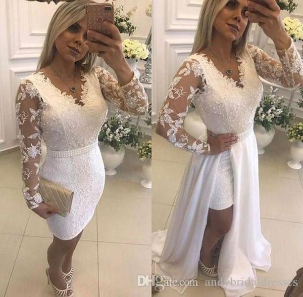 

white pearls short party evening dresses with detachable skirt illusion long sleeves lace formal prom gowns2276744, Black;red