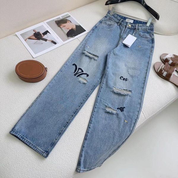 

designer women's jeans arrivals high waist street hollowed out patch embroidered decoration casual blue straight denim pants t1