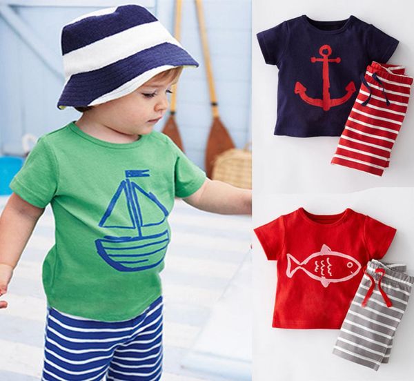 

baby clothes boys cartoon anchor fish striped casual suits 2pcs sailboat sets tshirtpants 2pcs suit children clothes3707409, White