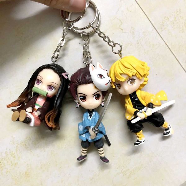 

key rings 3pcs/set demon slayer kamado tanjirou nezuko agatsuma zenitsu figure doll pendant key chain keyrings gift l230719, Slivery;golden