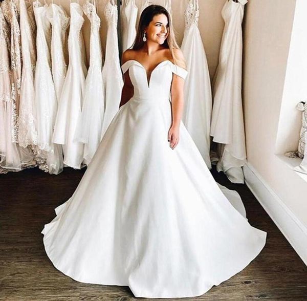 

off shoulder a line wedding dresses with cap sleeves sweep train lace up back satin plus size bridal gowns vestidos de novia9661145, White