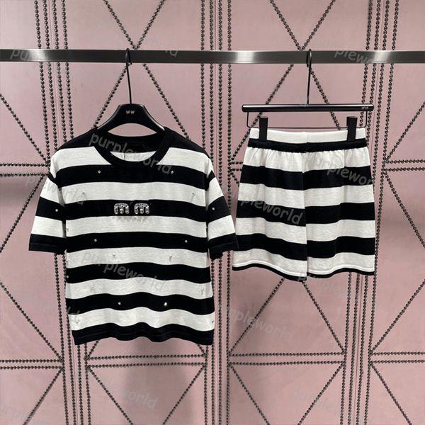 

womens shorts short sleeve two piece knitted black white striped patchwork suit slim ccrew neck girls casual suit