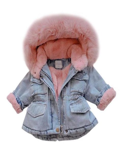 

2019 winter baby girl denim jacket plus velvet real faux fur fleece warm toddler outerwear coats kid infant parka windbreaker3237684, Blue;gray