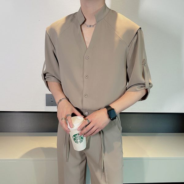 

men's tracksuits summer casual set men loose 2 pieces short sleeve shirts trousers korean ice silk sets business party men clothing 230, Gray