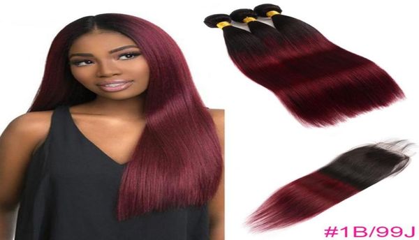 

tenderess 100 human virgin hair with lace closure 4pcs ombre bone straight hair bundles and lace closure blond hair extensions th5174728, Black;brown