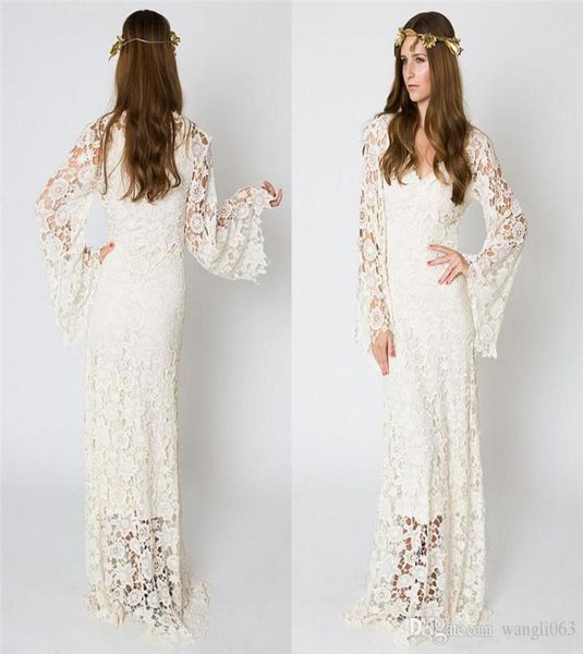 

vintage bohemian beach wedding dresses bell sleeves lace crochet hippie wedding dress floor length boho bridal gowns4367918, White