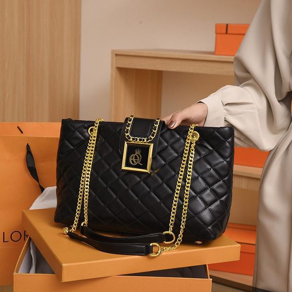 

wholesale ladies shoulder bags 2 colors large capacity wear-resistant leather tote bag elegant solid color sewing rhombic chain foreskin buc