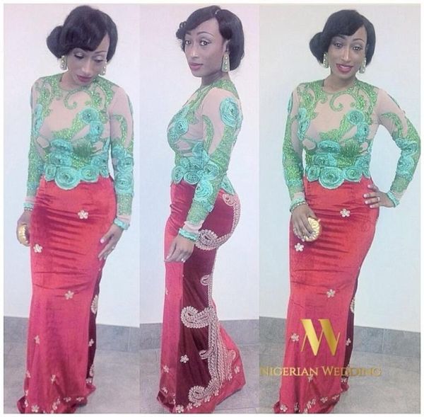 

2016 new arrival appliqued prom dress long sleeves see through taffeta nigerian lace dress evening gowns personalized aso ebi dres8343215, Black