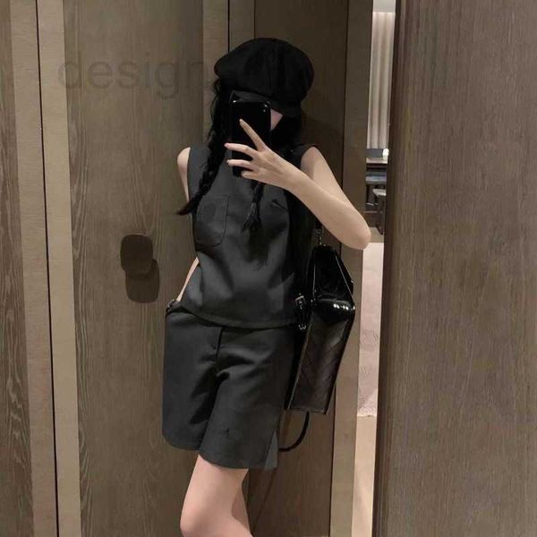 

women's two piece pants designer mi advanced grey letter embroidered sleeveless vest high waist slim shorts set for refreshing and brea, White