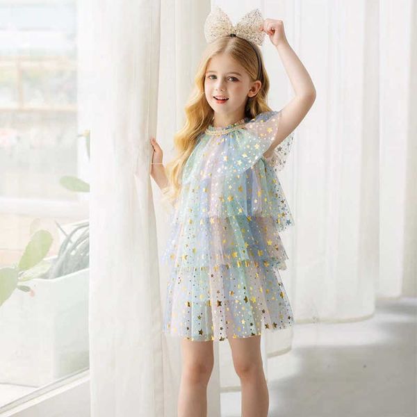 

girl's dresses ruffles sequins summer dress for girls 2023 casual tulle new in dress rainbow cake layered dress 3 to 8 years baby girl, Red;yellow