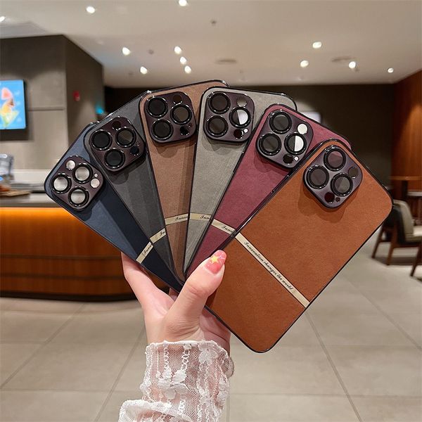 

luxury leather hybrid tpu case for iphone 14 13 12 pro max 11 plating frame lens protection shockproof solid color back cover