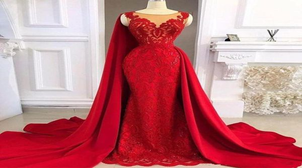 

modest mermaid red prom dresses jewel neck evening dress with detachable train 2021 full lace appliqued beads formal gowns4221038, Black