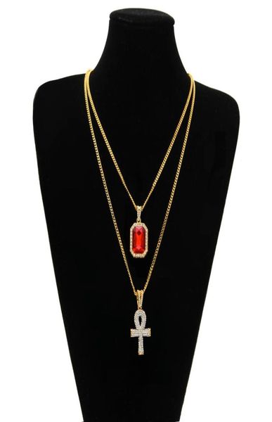 

egyptian ankh key of life bling rhinestone cross pendant with red ruby pendant necklace set men hip hop jewelry5374756, Silver