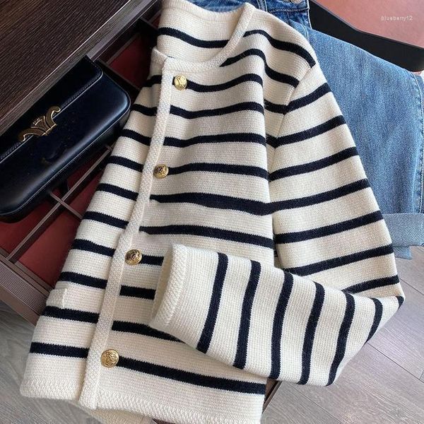 

women's knits women autumn winter sweaters o-neck stripe knitted cardigan fashion long sleeve casual short top, White