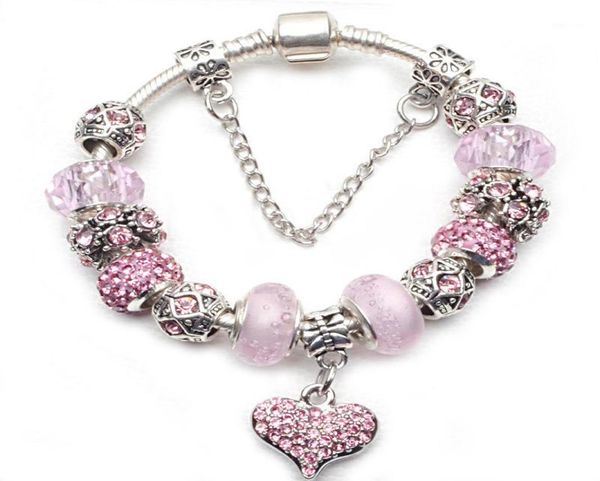 

fashion pink crystal love heart charm bracelet for women european diy beads bracelets bangles as lover couples gifts pulseira13575011, Golden;silver
