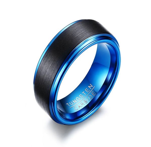 

mens two tone black blue tungsten ring brushed center step edge 8mm comfort fit9368157, Silver