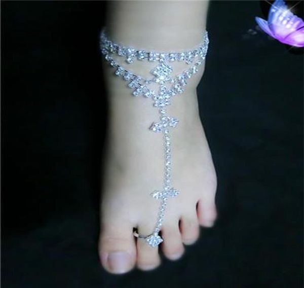 

crystal women bride barefoot sandal foot jewelry anklet chain beach sandal with toe ring lady party anklet wedding bridal acc7282348, Black