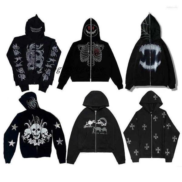

2023 men's hoodies y2k rhinestone skeleton women gothic black zip up oversized sweatshirts autumn female harajuku hooded jacket streetw