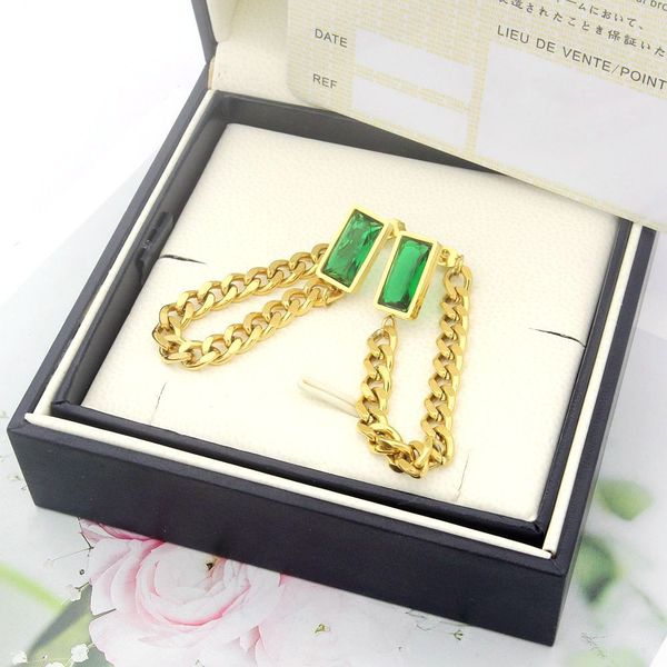 

titanium steel jewelry wholesale green rectangular diamond thick chain tassel earrings, Golden;silver