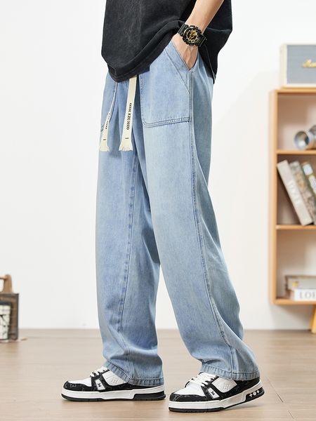 

men s jeans summer light blue men softable lyocell cotton fabric drawstring straight denim pants wide leg casual baggy trousers 230718
