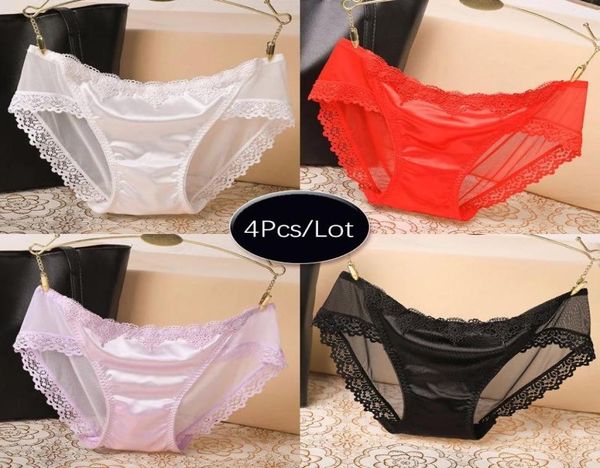 

4pcslot panties lace women underwear seamless silk briefs girls ladies underpants satin cotton crotch breathable lingerie wo1346457, Black;pink