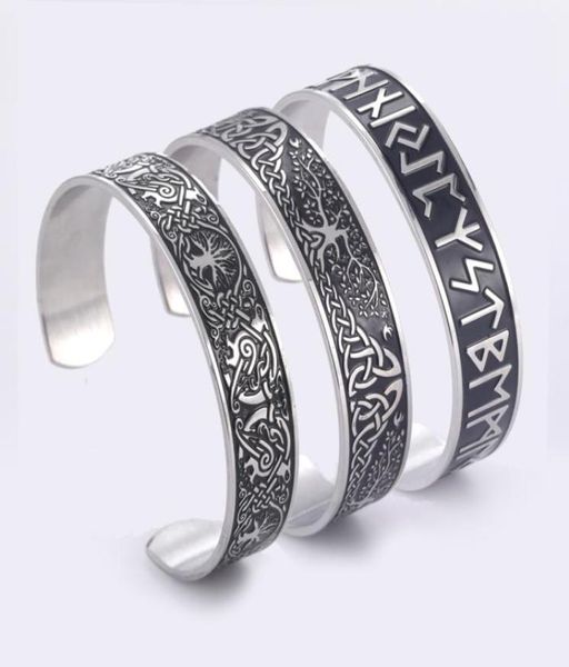 

teamer stainless steel nordic viking runes bangle wicca amulet vintage tree of life cuff bracelet jewelry gift for men women8137043, White