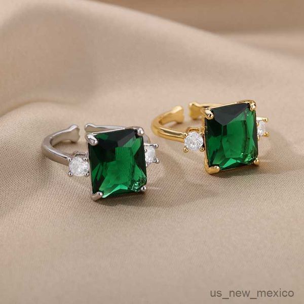 

band rings luxury green zircon rings for women adjustable stainless steel open ring trend cubic zirconia wedding jewerly r230719, Silver