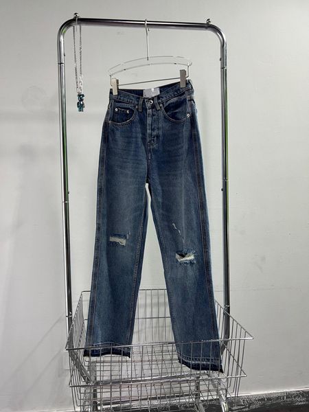 

designer women's jeans arrivals high waist street hollowed out patch embroidered decoration casual blue straight denim pants t7