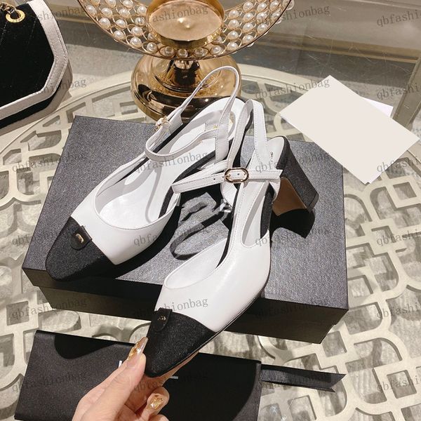 

designer womens sandals round head leather double color hardware metal buckle chunky dress shoes adjustable ankle buckle high heel 6.5cm sho, Black