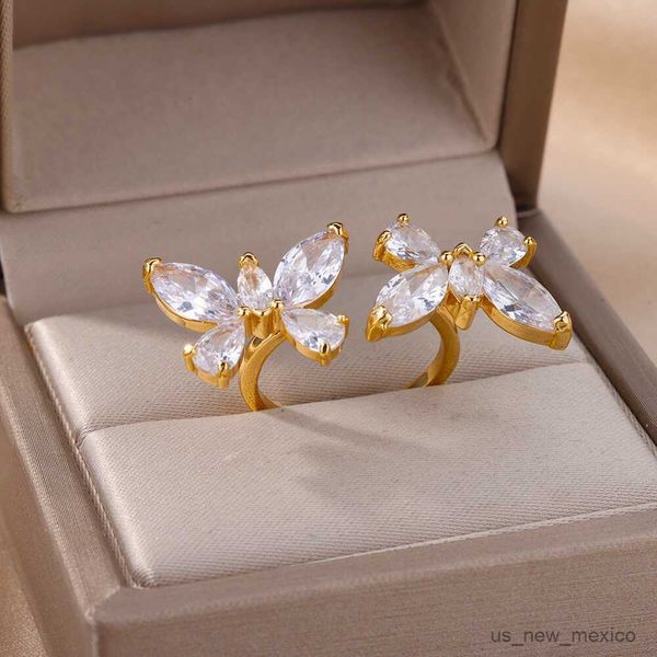 

band rings zircon butterfly rings for women delicate opening stainless steel ring 2023 trend luxury couple wedding jewelry r230719, Silver