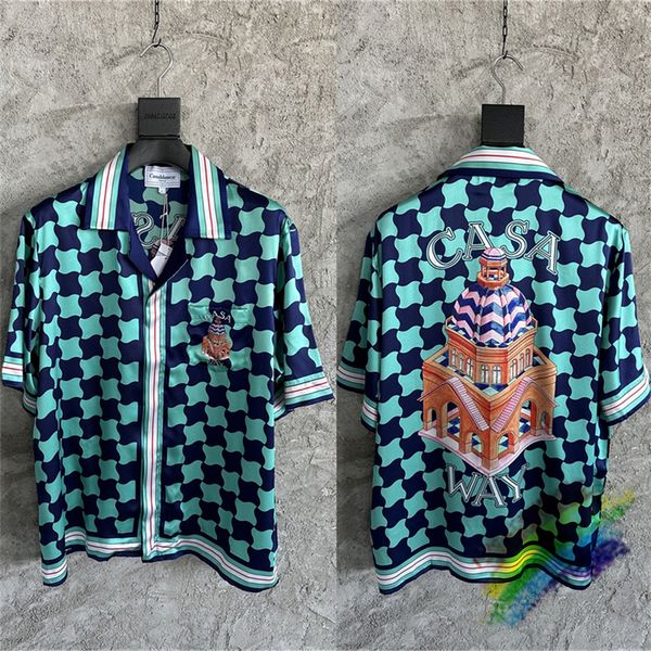 

mens casual shirts blue plaid casablanca silk shirt castle print street 1 quality short sleeve hawaiian beach 230718, White;black