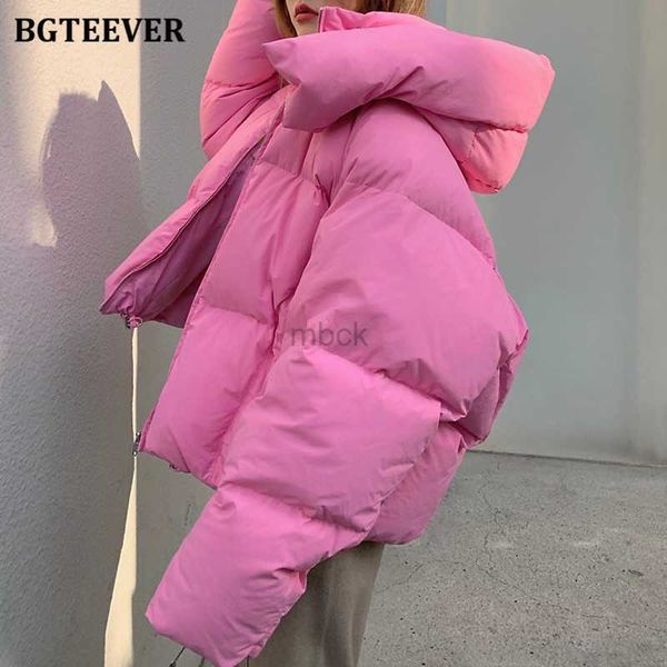 

women's down parkas bgteever chic hooded cotton padded women parkas 2021 winter warm loose solid thicken female coats ladies zippers ou, Black