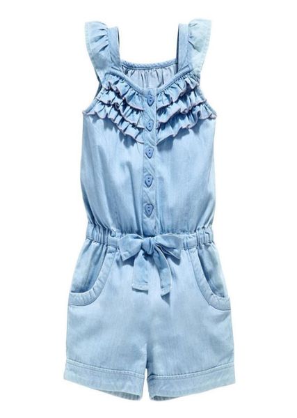 

kids girls clothing rompers denim blue cotton washed jeans sleeveless bow jumpsuit 05year2097870, White