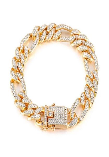 

tb0022 22 cm x 13 mm hip hop heavy full crystals cuban bracelets jewelry for men 18k gold plated no fade2164478, Black