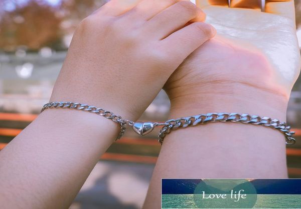 

2pcsset heart shaped magnet attraction bracelet for couples stainless steel cuba chain men039s and women039s charm jewelry 2566790, Golden;silver