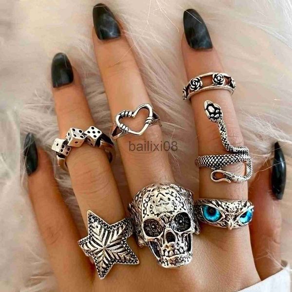 

band rings hiphop vintage silver color skull finger rings for women angel wings punk heart butterfly boho ring sets gothic trendy jewelry j2