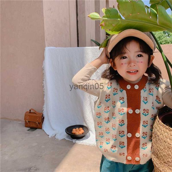

pullover girls knitted vest sweater female baby warm thick flower cardigan retro vest cashmere hkd230719, Blue