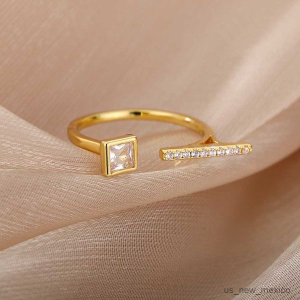 

band rings retro square zircon rings for women opening stainless steel geometry finger ring trend couple party jewerly femme r230719, Silver