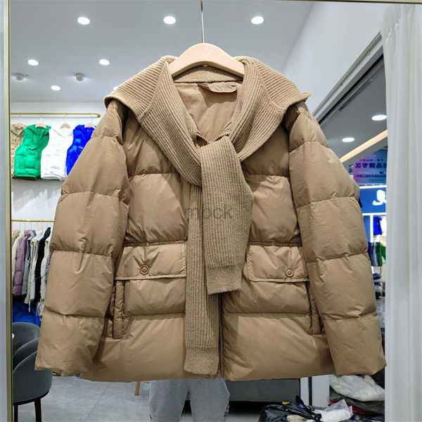 

women's down parkas winter hooded splicing feather jacket women 90% white duck down coat knitting scarf hooded short parker loose warm, Black