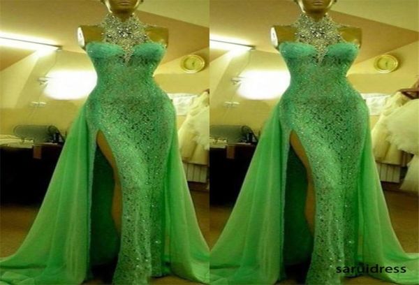 

dubai green high neck sleeves evening gowns lace high split formal party dress mermaid prom dresses gorgeous beading6125401, Black