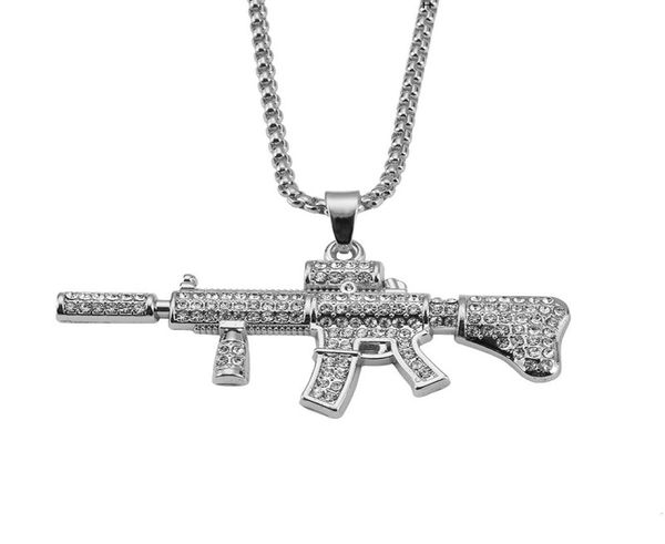 

men cool m4 gun pendant necklaces hip hop punk rock style full rhinestone fashion mens stainless steel necklace for 29 inch chain9413482, Silver