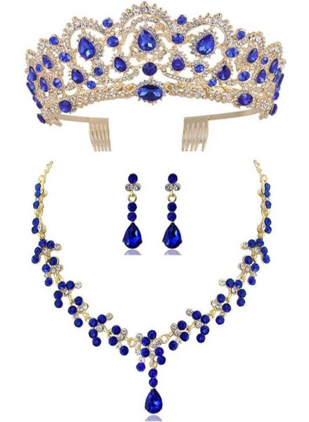 

diezi new red green blue crown and necklace earring jewelry set tiara rhinestone wedding bridal jewelry sets accessories9428418, Silver