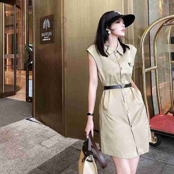 

urban dresses designer triangle letter label polo collar women's sleeveless waist dress a-line casual mid length delivery belt ino6, White;black